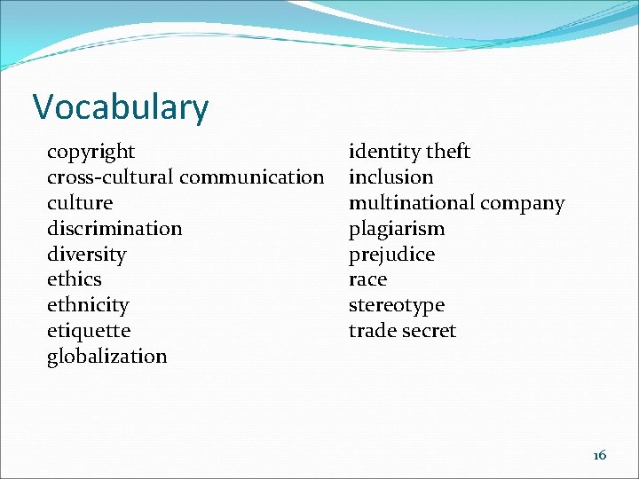 Vocabulary copyright cross-cultural communication culture discrimination diversity ethics ethnicity etiquette globalization identity theft inclusion