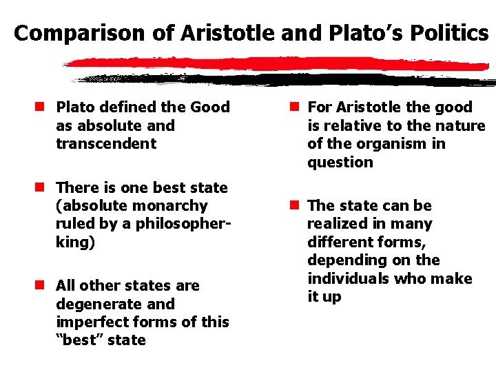 Comparison of Aristotle and Plato’s Politics n Plato defined the Good as absolute and