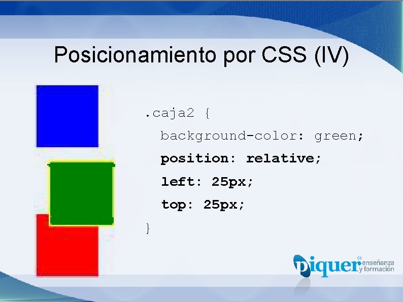 Posicionamiento por CSS (IV). caja 2 { background-color: green; position: relative; left: 25 px;