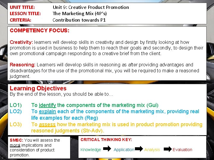 UNIT TITLE: LESSON TITLE: CRITERIA: Unit 9: Creative Product Promotion The Marketing Mix (4