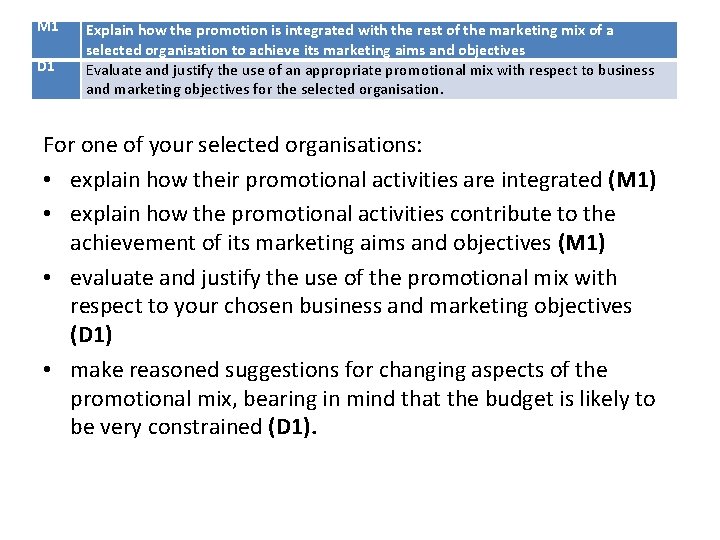 M 1 D 1 Explain how the promotion is integrated with the rest of