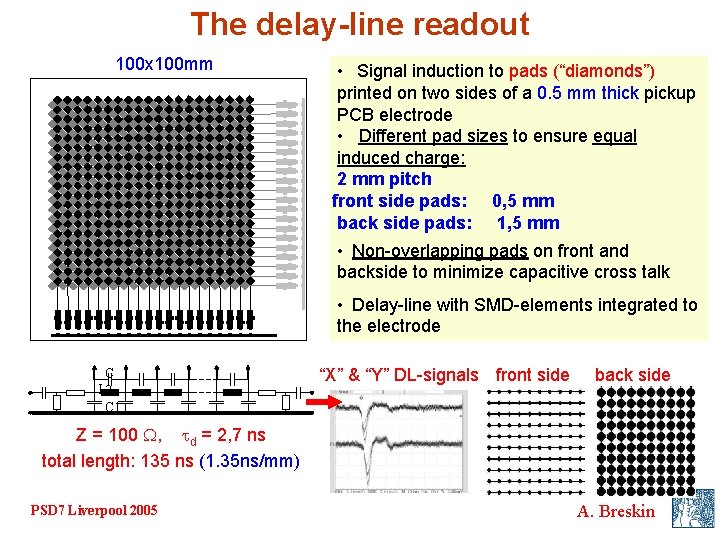 The delay-line readout 100 x 100 mm • Signal induction to pads (“diamonds”) printed