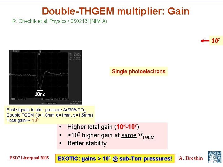 Double-THGEM multiplier: Gain R. Chechik et al. Physics / 0502131(NIM A) 107 Single photoelectrons