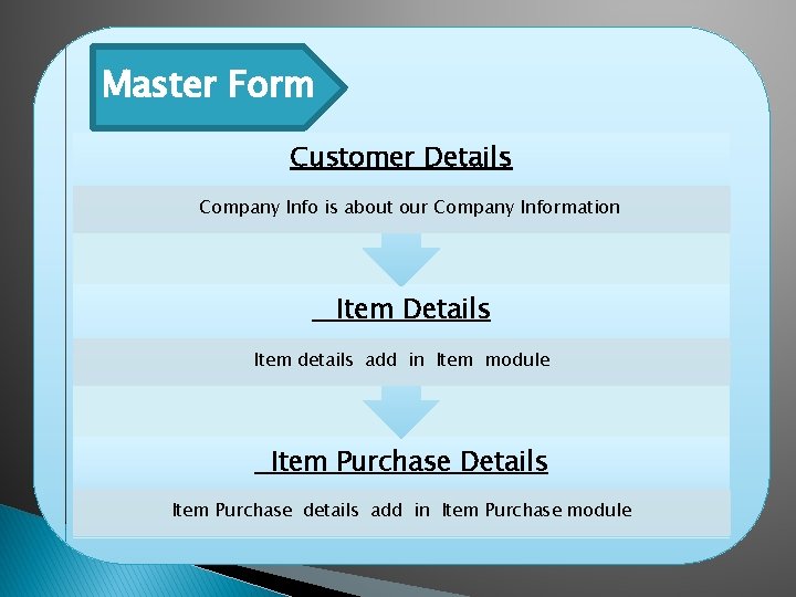 Master Form Customer Details Company Info is about our Company Information Item Details Item