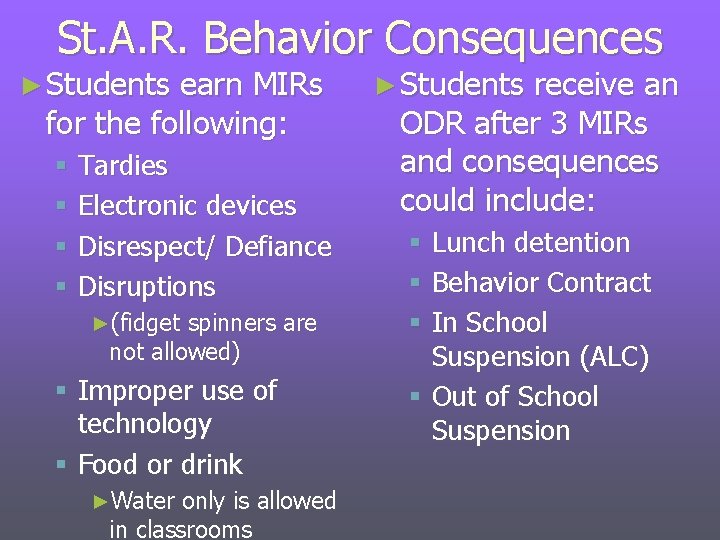St. A. R. Behavior Consequences ► Students earn MIRs for the following: § Tardies