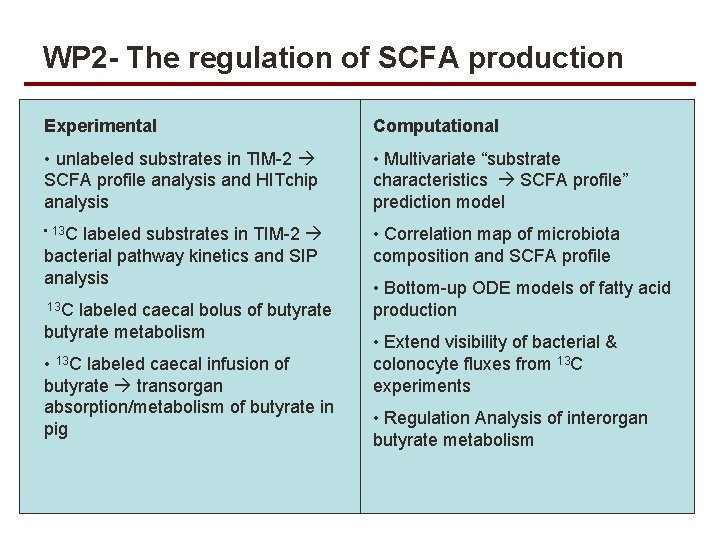 WP 2 - The regulation of SCFA production Experimental Computational • unlabeled substrates in