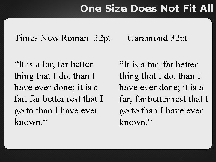 One Size Does Not Fit All Times New Roman 32 pt “It is a