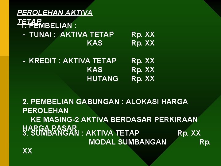 PEROLEHAN AKTIVA TETAP 1. PEMBELIAN : - TUNAI : AKTIVA TETAP KAS - KREDIT