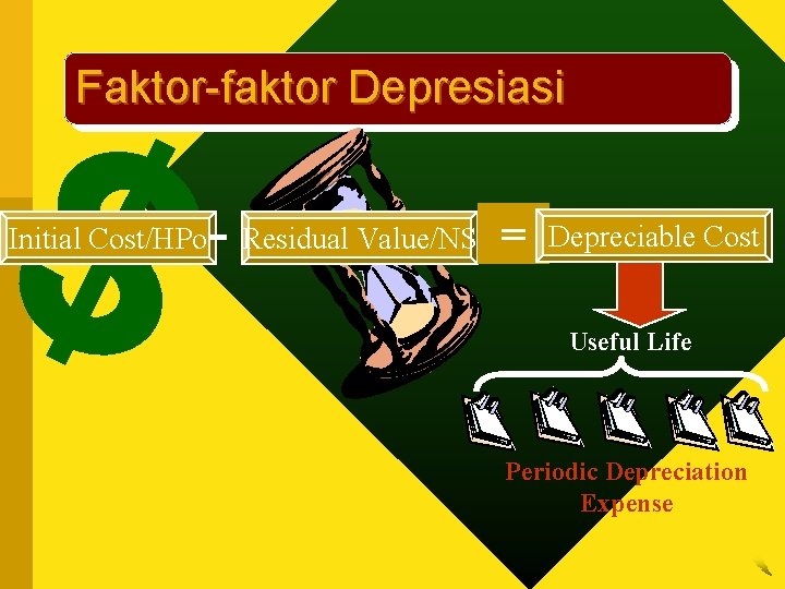 Faktor-faktor Depresiasi Initial Cost/HPo - Residual Value/NS = Depreciable Cost Useful Life 1 2