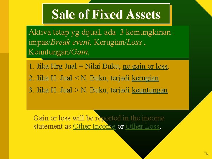 Sale of Fixed Assets Aktiva tetap yg dijual, ada 3 kemungkinan : impas/Break event,