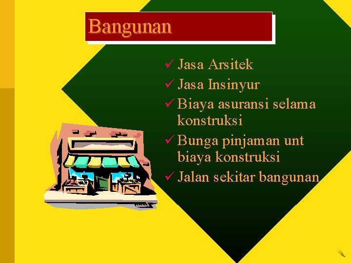 Bangunan ü Jasa Arsitek ü Jasa Insinyur ü Biaya asuransi selama konstruksi ü Bunga