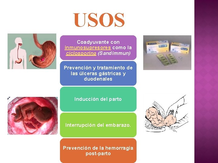 USOS Coadyuvante con inmunosupresores como la ciclosporina (Sandimmun) Prevención y tratamiento de las úlceras