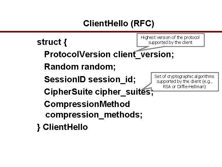 Client. Hello (RFC) Highest version of the protocol supported by the client struct {
