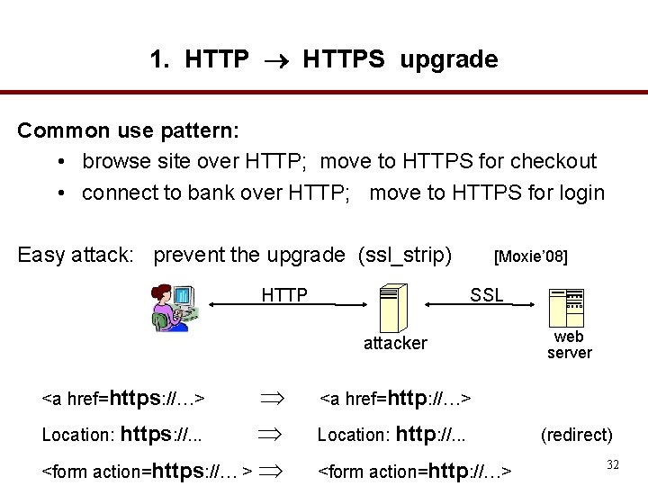 1. HTTPS upgrade Common use pattern: • browse site over HTTP; move to HTTPS