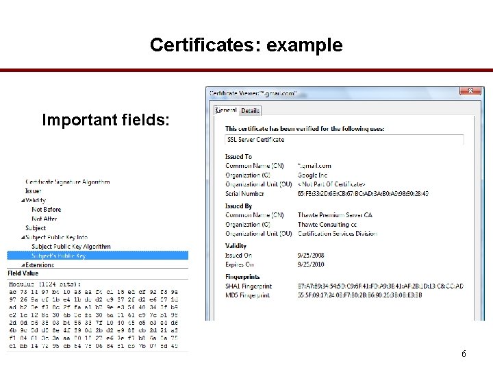 Certificates: example Important fields: 6 