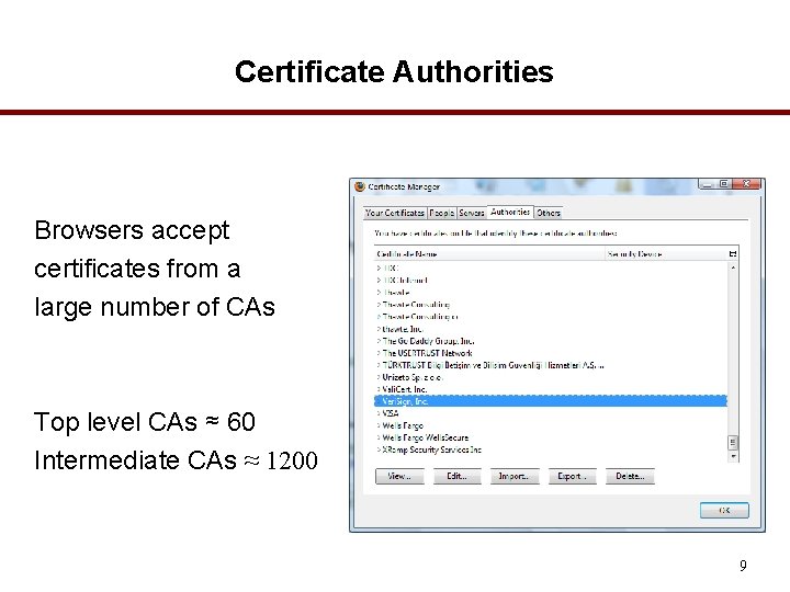 Certificate Authorities Browsers accept certificates from a large number of CAs Top level CAs