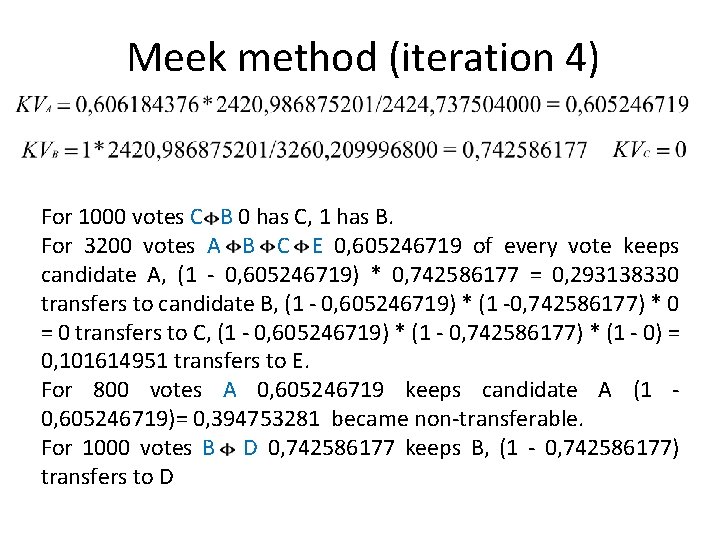 Meek method (iteration 4) For 1000 votes C B 0 has C, 1 has