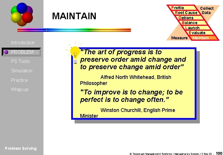 Profile Collect Root Cause Data Options Balance Launch Evaluate Measure Maintain MAINTAIN Introduction PROBLEM