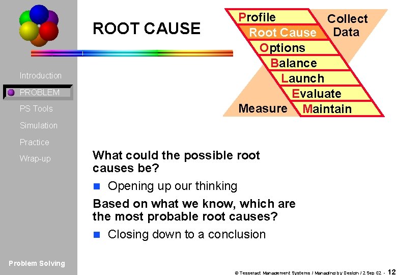 ROOT CAUSE Introduction PROBLEM PS Tools Profile Collect Root Cause Data Options Balance Launch