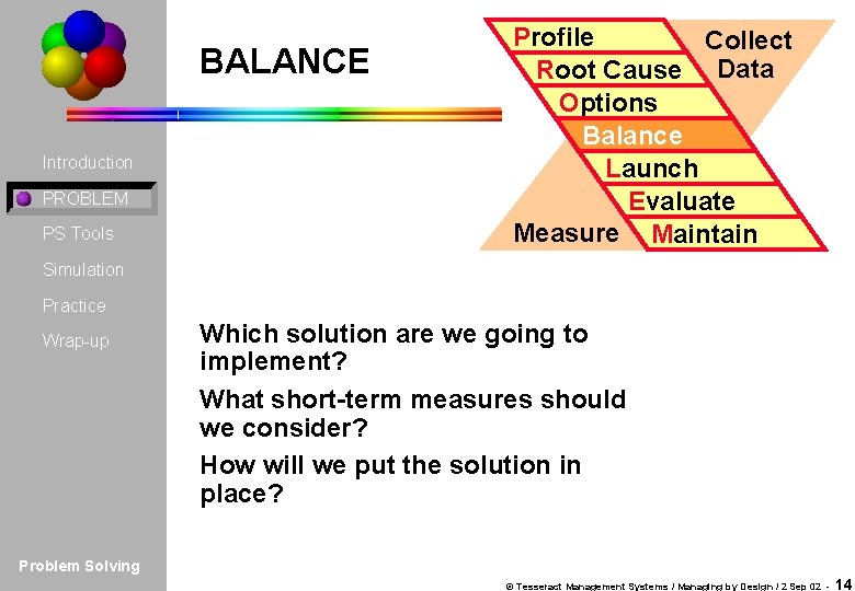 BALANCE Introduction PROBLEM PS Tools Profile Collect Root Cause Data Options Balance Launch Evaluate