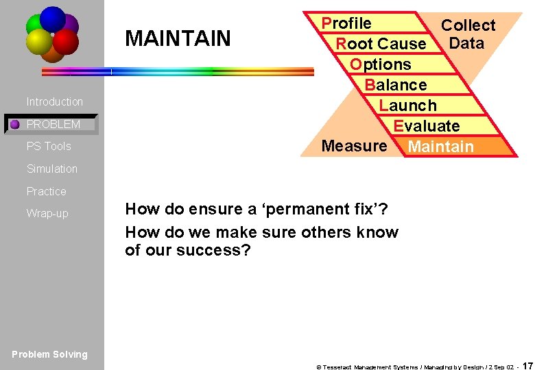 MAINTAIN Introduction PROBLEM PS Tools Profile Collect Root Cause Data Options Balance Launch Evaluate