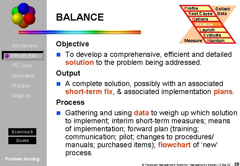 BALANCE Introduction PROBLEM PS Tools Simulation Practice Wrap-up Exercise 9 Quote Problem Solving Profile