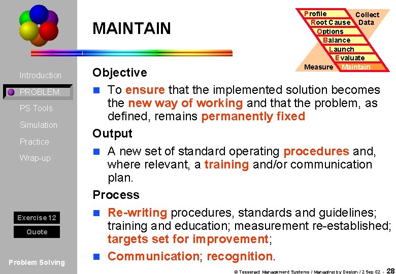 MAINTAIN Introduction PROBLEM PS Tools Simulation Practice Wrap-up Exercise 12 Quote Problem Solving Profile