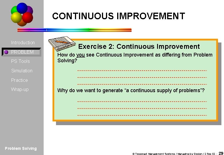CONTINUOUS IMPROVEMENT Introduction PROBLEM PS Tools Exercise 2: Continuous Improvement How do you see