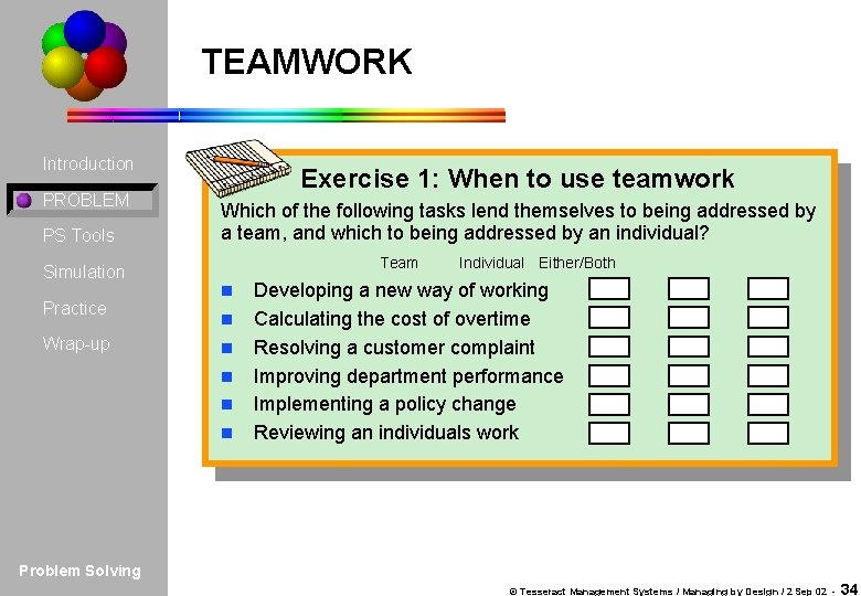 TEAMWORK Introduction PROBLEM PS Tools Exercise 1: When to use teamwork Which of the