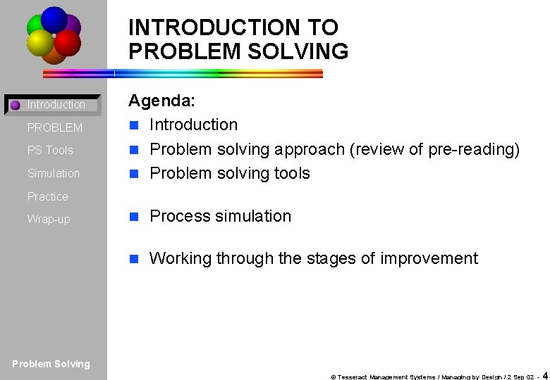 INTRODUCTION TO PROBLEM SOLVING Introduction PROBLEM PS Tools Simulation Agenda: n Introduction n Problem