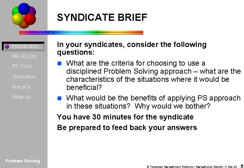SYNDICATE BRIEF Introduction PROBLEM PS Tools Simulation Practice Wrap-up In your syndicates, consider the