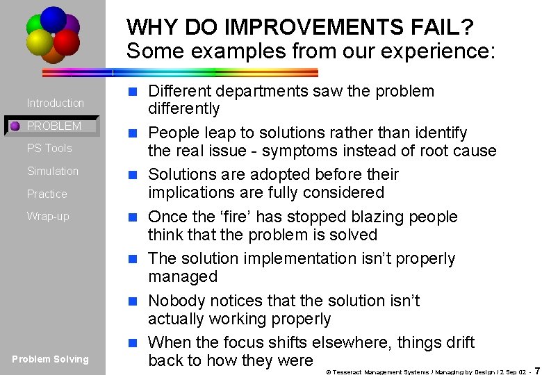 WHY DO IMPROVEMENTS FAIL? Some examples from our experience: Introduction PROBLEM n n PS