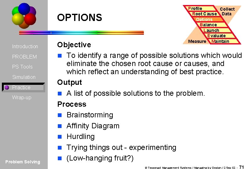 OPTIONS Introduction PROBLEM PS Tools Simulation Practice Wrap-up Problem Solving Profile Collect Root Cause