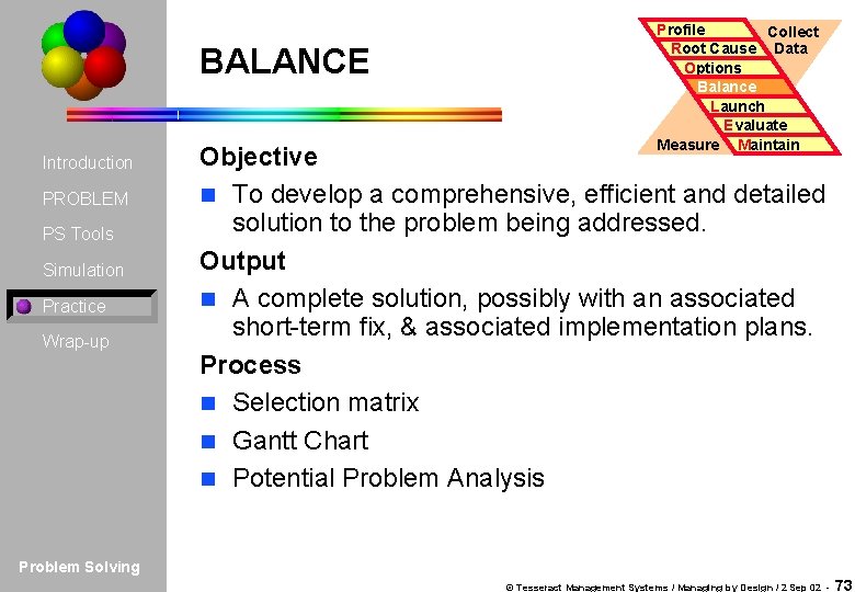 BALANCE Introduction PROBLEM PS Tools Simulation Practice Wrap-up Profile Collect Root Cause Data Options