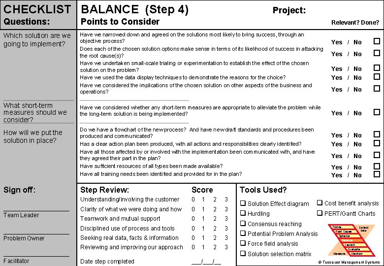 CHECKLIST BALANCE (Step 4) Project: Questions: Points to Consider Which solution are we going