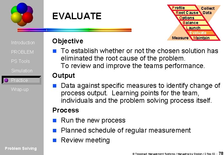 EVALUATE Introduction PROBLEM PS Tools Simulation Practice Wrap-up Profile Collect Root Cause Data Options