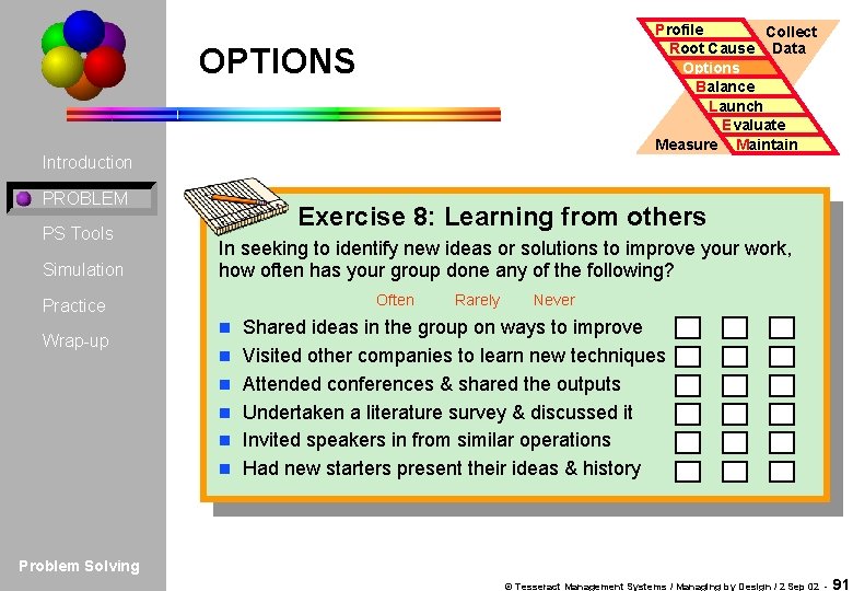 Profile Collect Root Cause Data Options Balance Launch Evaluate Measure Maintain OPTIONS Introduction PROBLEM