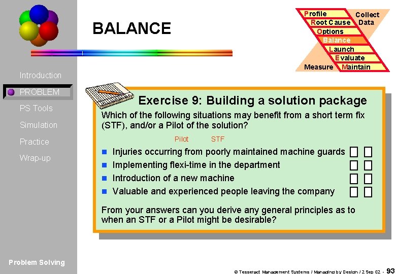 Profile Collect Root Cause Data Options Balance Launch Evaluate Measure Maintain BALANCE Introduction PROBLEM