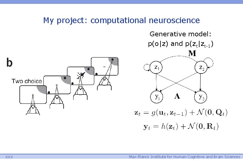 My project: computational neuroscience Generative model: p(o|z) and p(zt|zt-1) XXX Max Planck Institute for