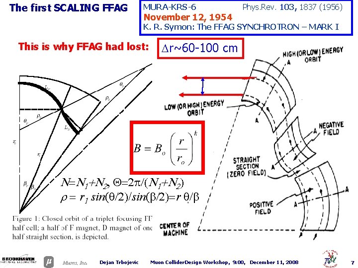 The first SCALING FFAG MURA-KRS-6 November 12, 1954 Phys. Rev. 103, 1837 (1956) K.