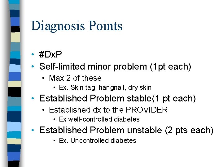 Diagnosis Points • #Dx. P • Self-limited minor problem (1 pt each) • Max