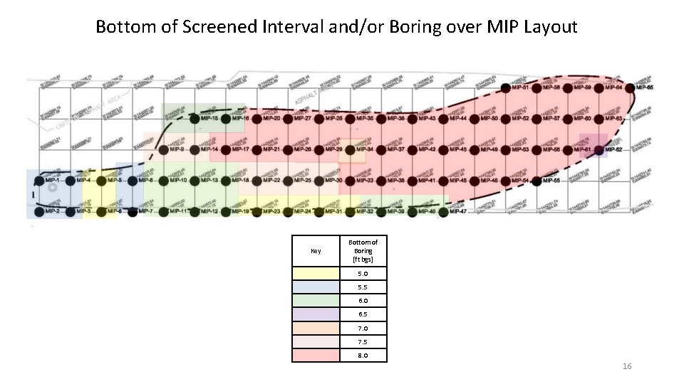 Bottom of Screened Interval and/or Boring over MIP Layout Interpolating Screen Locations from Waterloo.