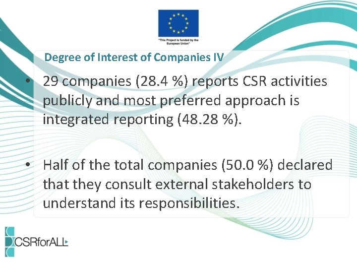 Degree of Interest of Companies IV • 29 companies (28. 4 %) reports CSR