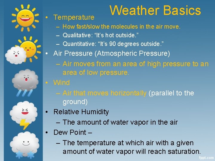  • Temperature Weather Basics – How fast/slow the molecules in the air move.