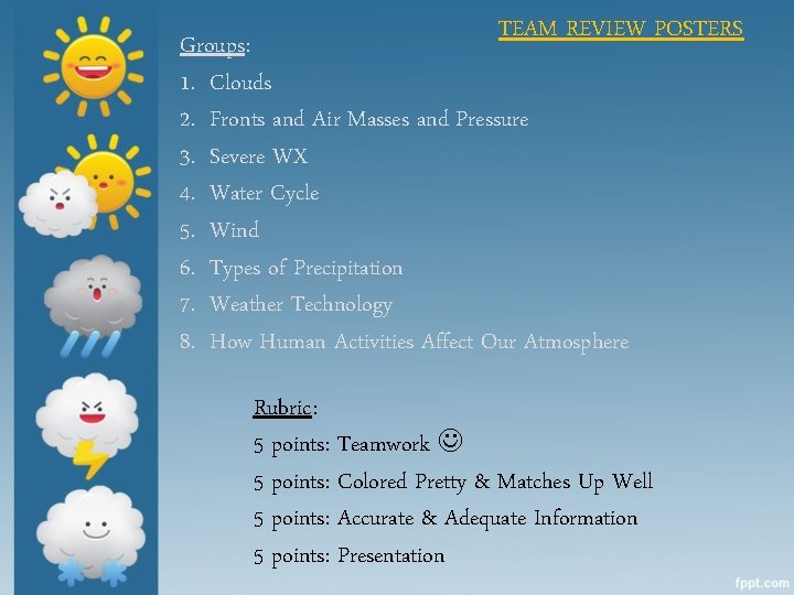 TEAM REVIEW POSTERS Groups: 1. Clouds 2. Fronts and Air Masses and Pressure 3.
