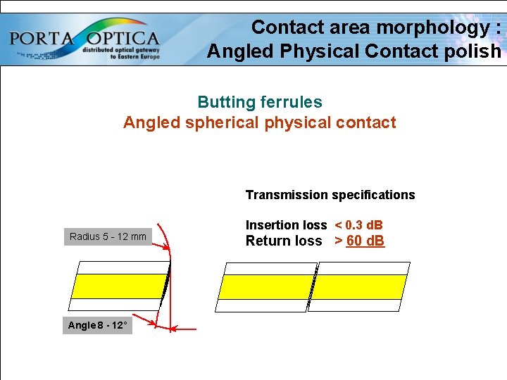 Contact area morphology : Angled Physical Contact polish Butting ferrules Angled spherical physical contact
