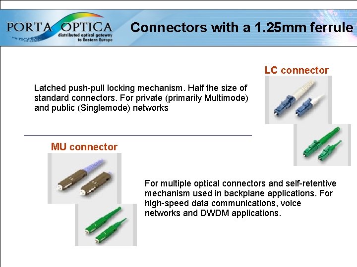 Connectors with a 1. 25 mm ferrule LC connector Latched push-pull locking mechanism. Half