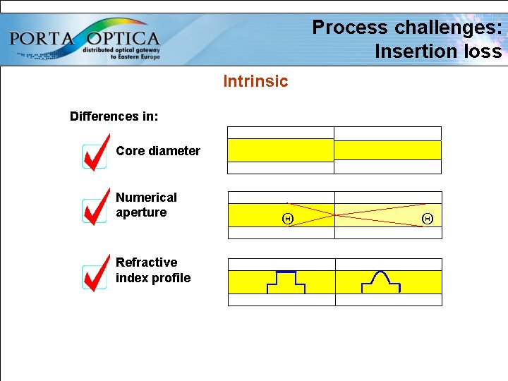 Process challenges: Insertion loss Intrinsic Differences in: Core diameter Numerical aperture Refractive index profile