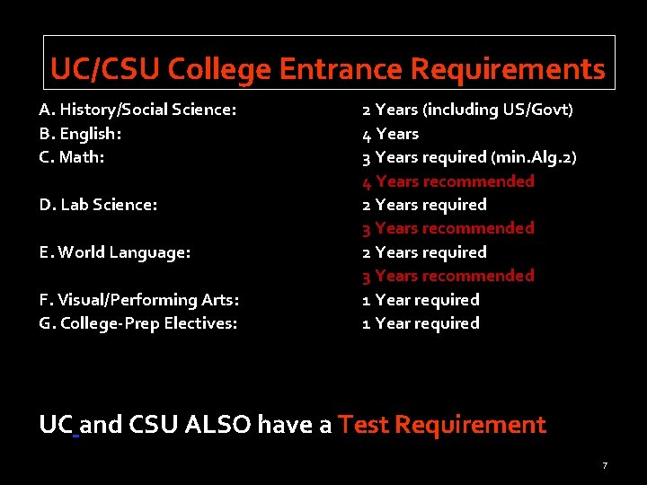 UC/CSU College Entrance Requirements A. History/Social Science: B. English: C. Math: D. Lab Science: