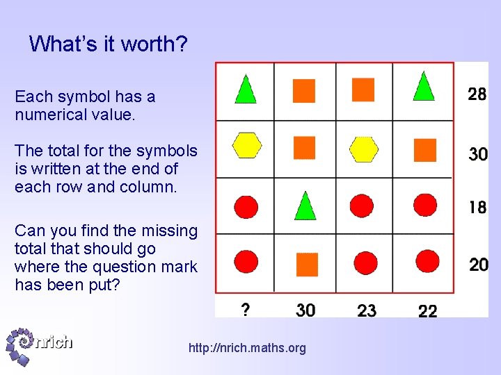 What’s it worth? Each symbol has a numerical value. The total for the symbols